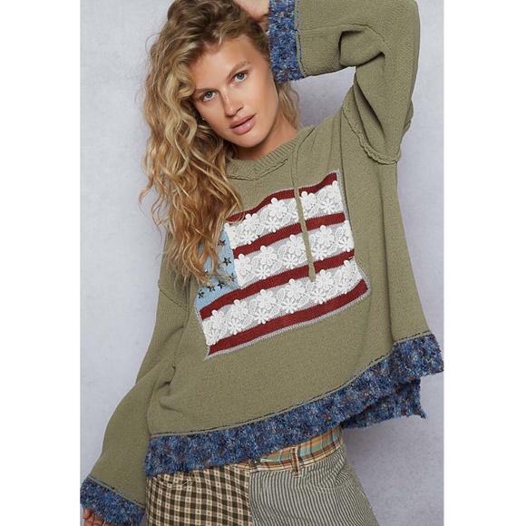 "The Viola" Old Glory Olive Green Hooded Sweater - Picture 1 of 3